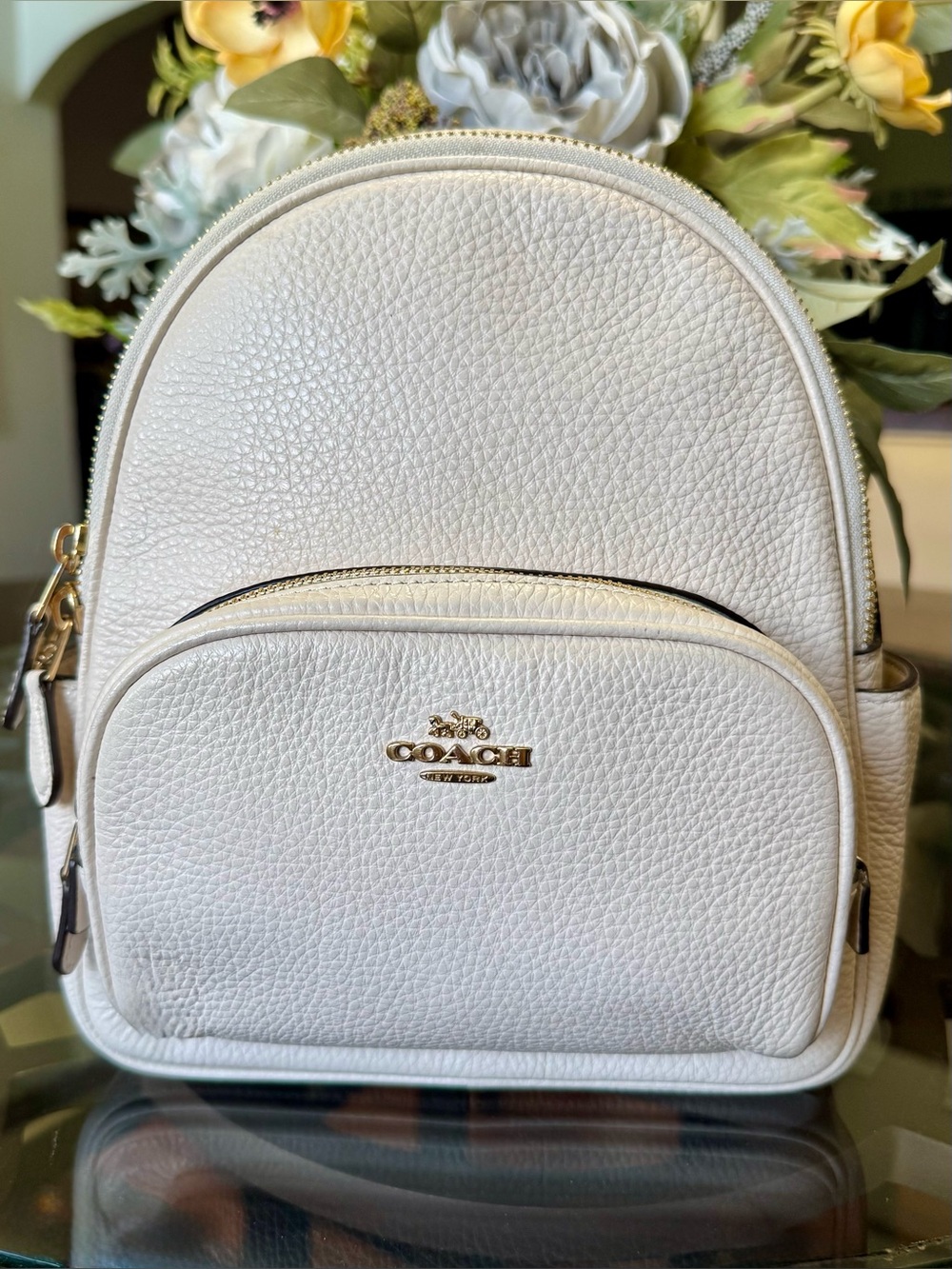 COACH Mini Court Backpack-Chalk Pebbled Leather with Gold Hardware